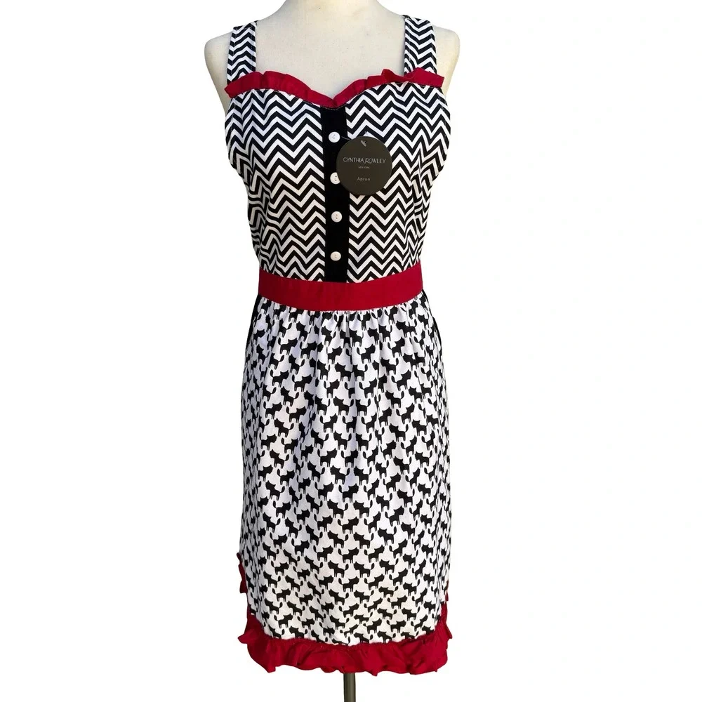Cynthia Rowley New York Kitsch Apron Black White Chevron Cat Print Ruffle New